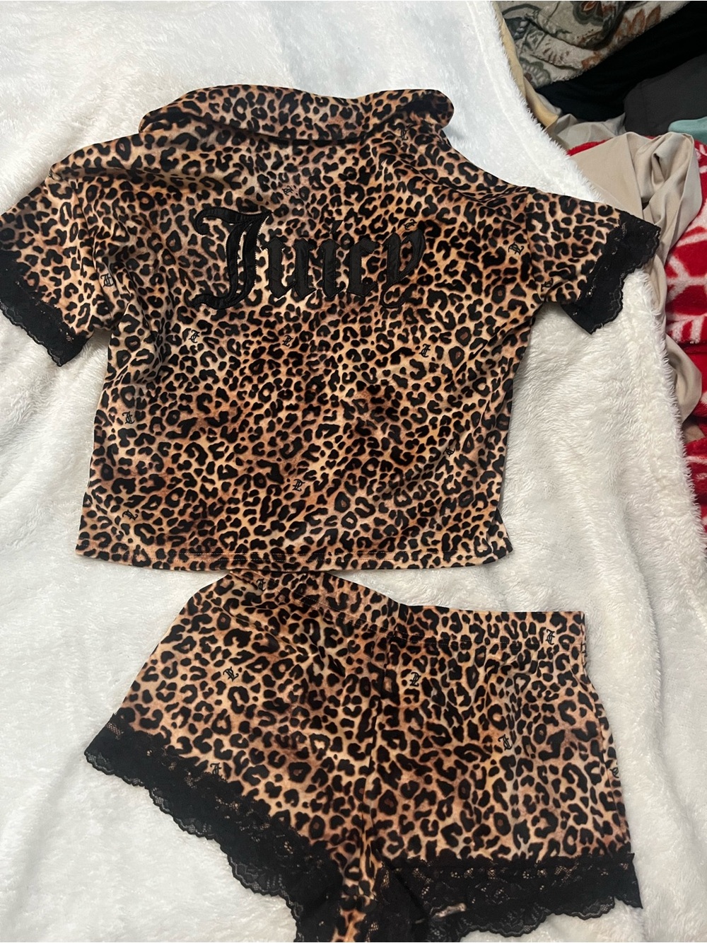 Juicy Couture Leopard Print Pajama Set with Black Lace Trim
